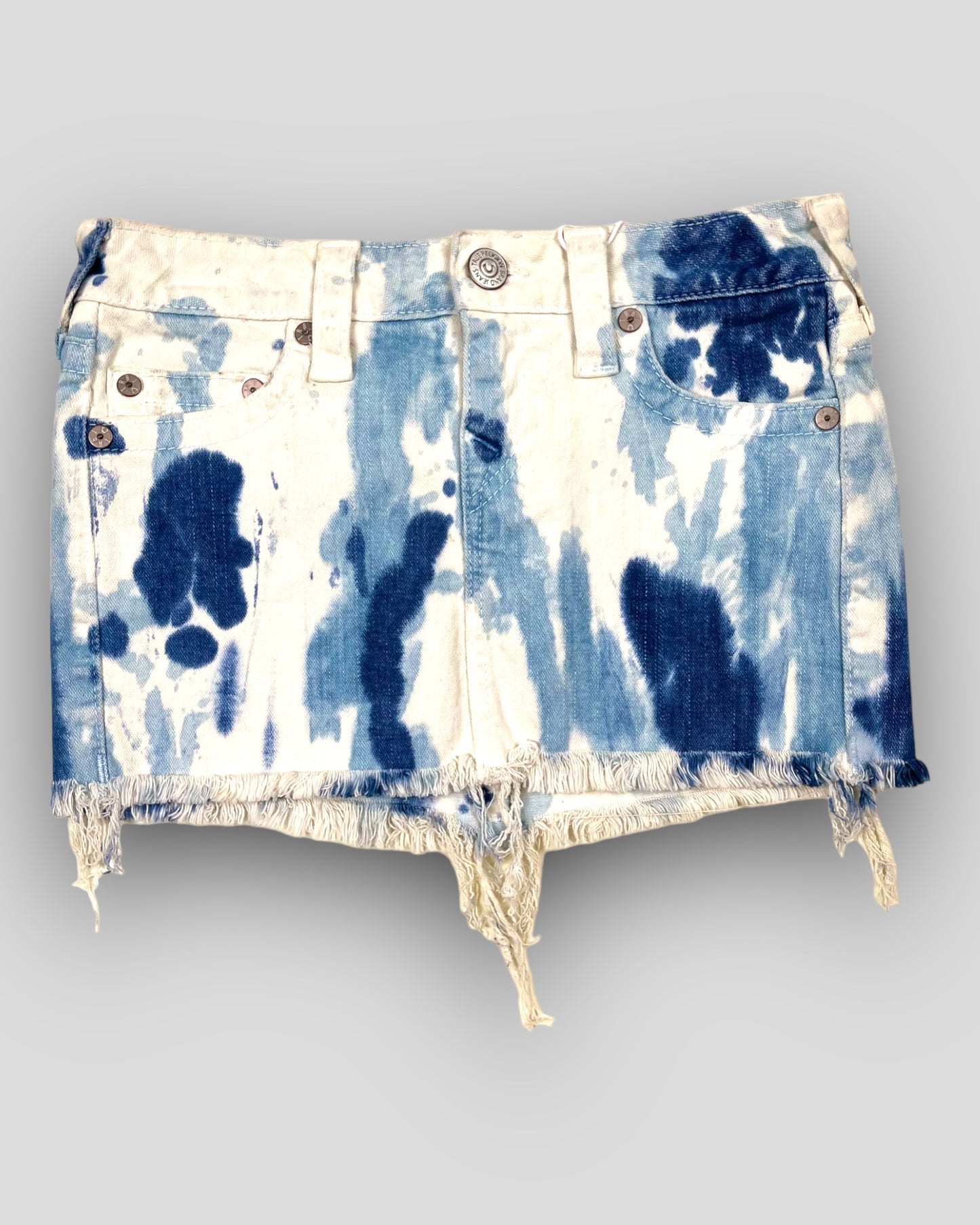 TRUE RELIGION CUT-OFF MINI SKIRT IN BLUE TIE-DYE