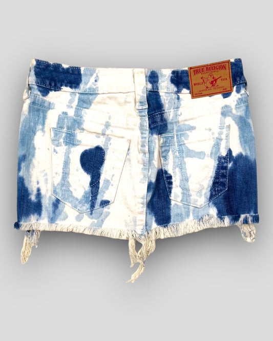 TRUE RELIGION CUT-OFF MINI SKIRT IN BLUE TIE-DYE